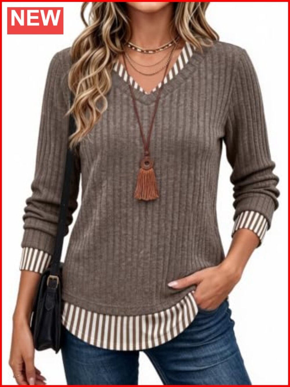 Womens Long Sleeve Faux Layer Tunic Top V-Neck Ribbed Knit